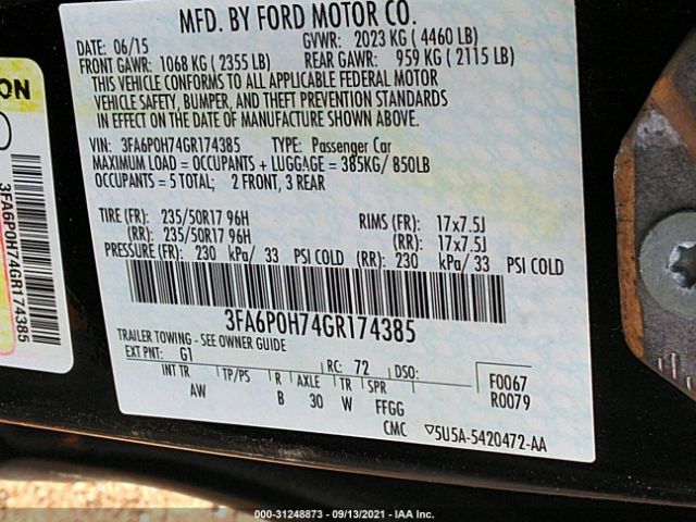 Photo 8 VIN: 3FA6P0H74GR174385 - FORD FUSION 