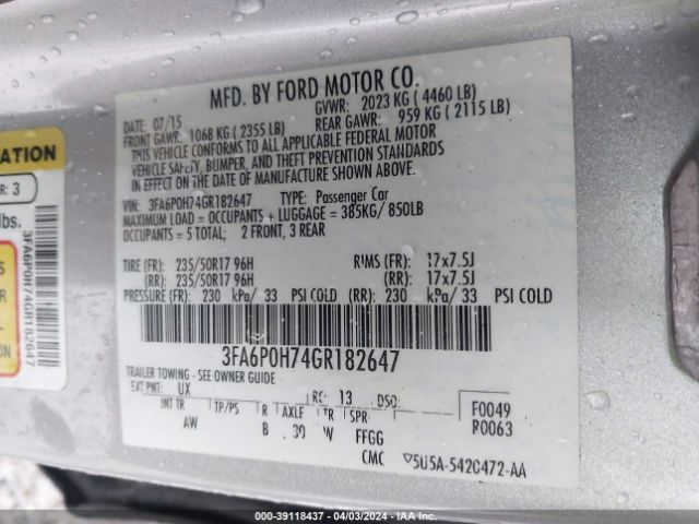 Photo 8 VIN: 3FA6P0H74GR182647 - FORD FUSION 