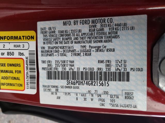 Photo 9 VIN: 3FA6P0H74GR215615 - FORD FUSION 