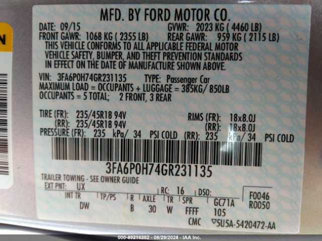 Photo 8 VIN: 3FA6P0H74GR231135 - FORD FUSION 