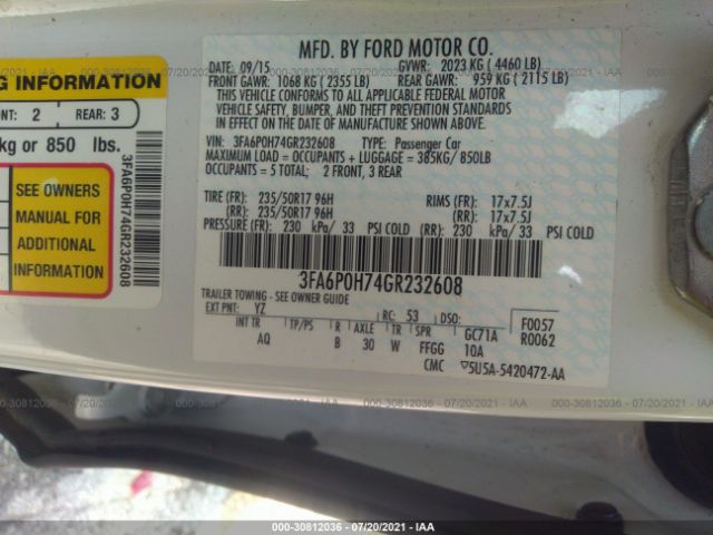 Photo 8 VIN: 3FA6P0H74GR232608 - FORD FUSION 