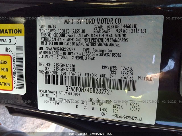 Photo 8 VIN: 3FA6P0H74GR232737 - FORD FUSION 