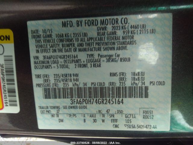 Photo 8 VIN: 3FA6P0H74GR245164 - FORD FUSION 