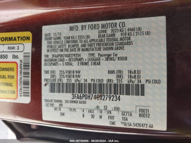 Photo 8 VIN: 3FA6P0H74GR279234 - FORD FUSION 