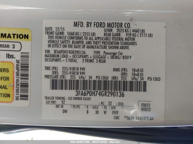 Photo 8 VIN: 3FA6P0H74GR290136 - FORD FUSION 