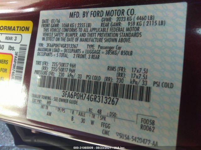 Photo 8 VIN: 3FA6P0H74GR313267 - FORD FUSION 