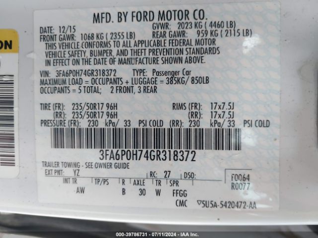 Photo 8 VIN: 3FA6P0H74GR318372 - FORD FUSION 