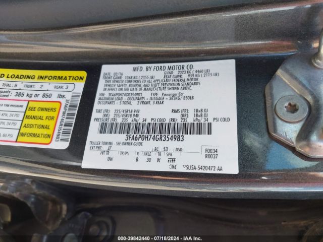 Photo 8 VIN: 3FA6P0H74GR354983 - FORD FUSION 