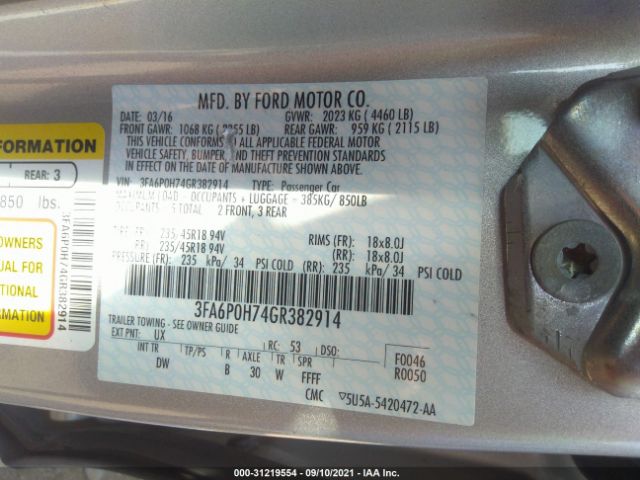 Photo 8 VIN: 3FA6P0H74GR382914 - FORD FUSION 