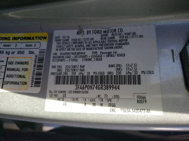 Photo 9 VIN: 3FA6P0H74GR389944 - FORD FUSION SE 