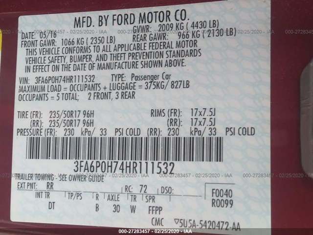 Photo 8 VIN: 3FA6P0H74HR111532 - FORD FUSION 