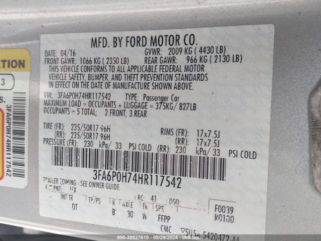 Photo 8 VIN: 3FA6P0H74HR117542 - FORD FUSION 