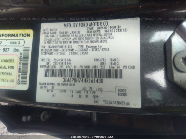 Photo 8 VIN: 3FA6P0H74HR161430 - FORD FUSION 