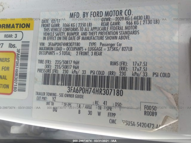 Photo 8 VIN: 3FA6P0H74HR307180 - FORD FUSION 