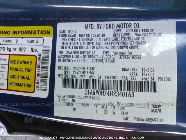 Photo 8 VIN: 3FA6P0H74HR340163 - FORD FUSION 