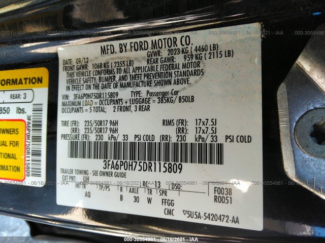 Photo 8 VIN: 3FA6P0H75DR115809 - FORD FUSION 