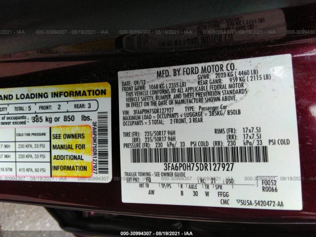 Photo 8 VIN: 3FA6P0H75DR127927 - FORD FUSION 