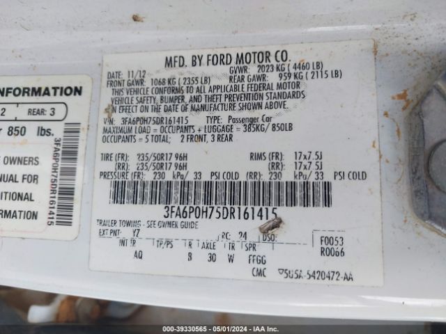 Photo 8 VIN: 3FA6P0H75DR161415 - FORD FUSION 