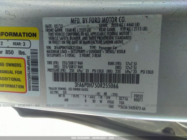 Photo 8 VIN: 3FA6P0H75DR255066 - FORD FUSION 