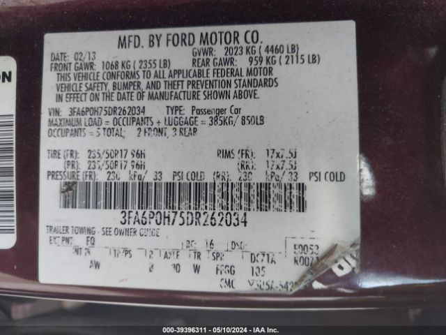 Photo 8 VIN: 3FA6P0H75DR262034 - FORD FUSION 