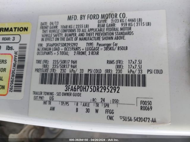 Photo 8 VIN: 3FA6P0H75DR295292 - FORD FUSION 