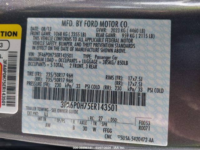 Photo 8 VIN: 3FA6P0H75ER143501 - FORD FUSION 