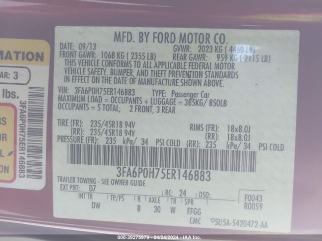 Photo 8 VIN: 3FA6P0H75ER146883 - FORD FUSION 