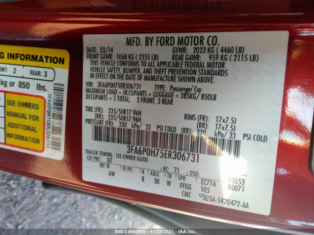 Photo 8 VIN: 3FA6P0H75ER306731 - FORD FUSION 