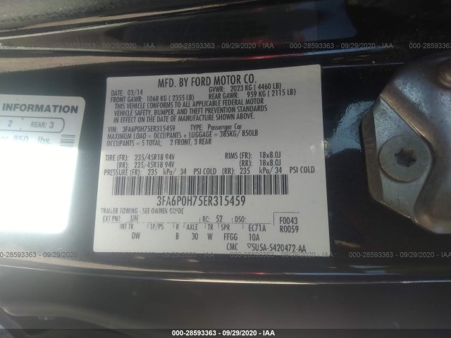 Photo 8 VIN: 3FA6P0H75ER315459 - FORD FUSION 