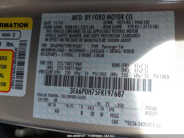 Photo 8 VIN: 3FA6P0H75FR197687 - FORD FUSION 