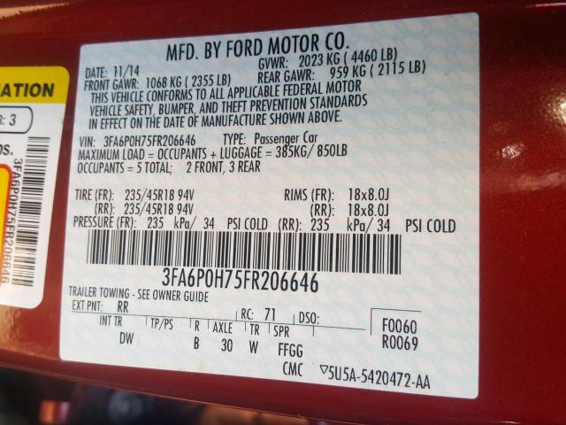 Photo 9 VIN: 3FA6P0H75FR206646 - FORD FUSION SE 