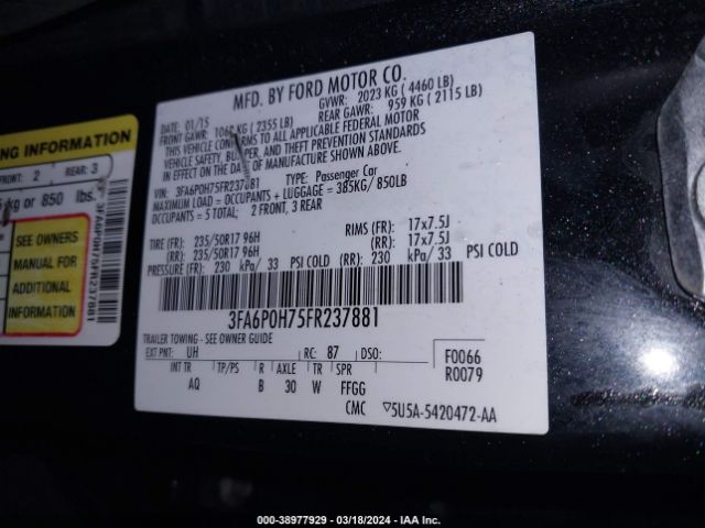 Photo 8 VIN: 3FA6P0H75FR237881 - FORD FUSION 