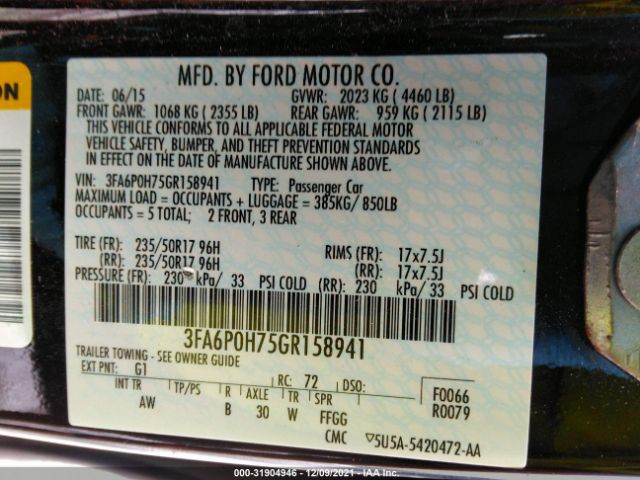 Photo 8 VIN: 3FA6P0H75GR158941 - FORD FUSION 