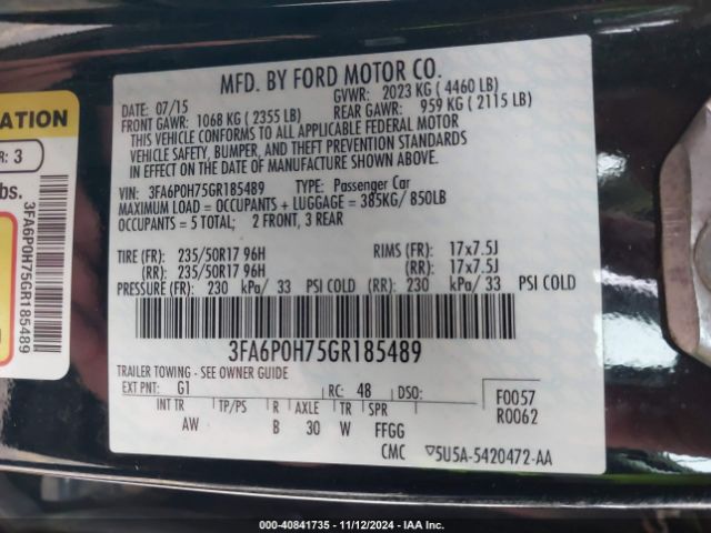 Photo 8 VIN: 3FA6P0H75GR185489 - FORD FUSION 