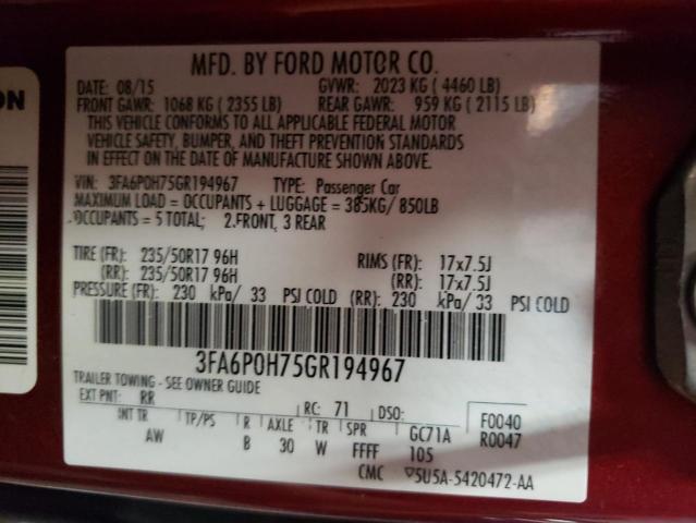 Photo 9 VIN: 3FA6P0H75GR194967 - FORD FUSION SE 