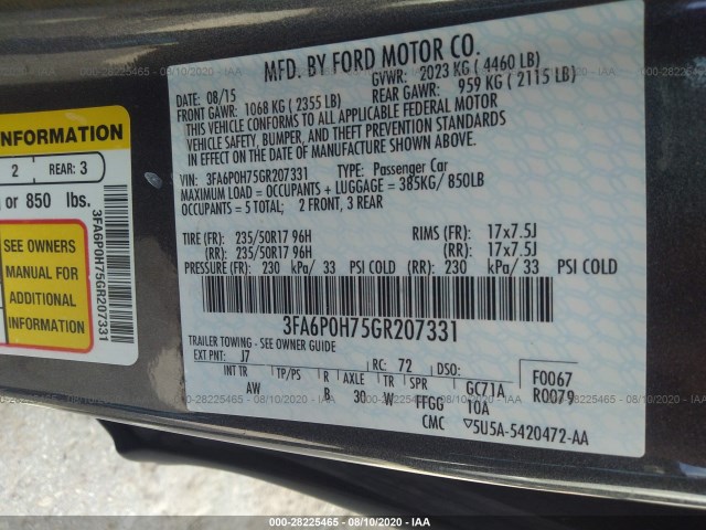 Photo 8 VIN: 3FA6P0H75GR207331 - FORD FUSION 