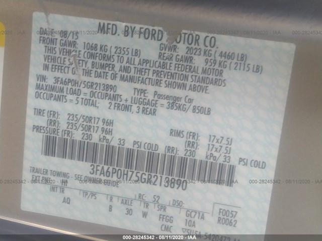 Photo 8 VIN: 3FA6P0H75GR213890 - FORD FUSION 