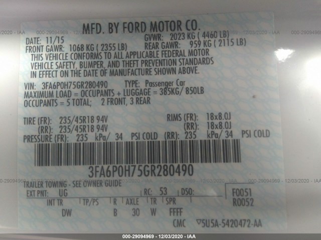 Photo 8 VIN: 3FA6P0H75GR280490 - FORD FUSION 