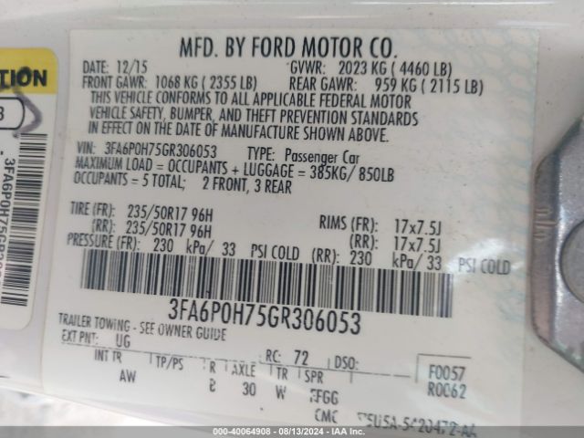 Photo 8 VIN: 3FA6P0H75GR306053 - FORD FUSION 