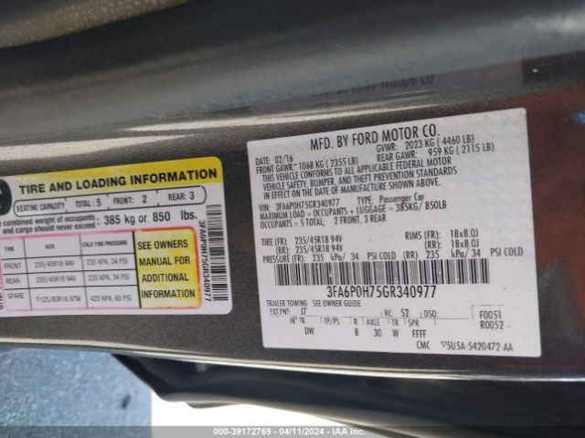 Photo 8 VIN: 3FA6P0H75GR340977 - FORD FUSION 