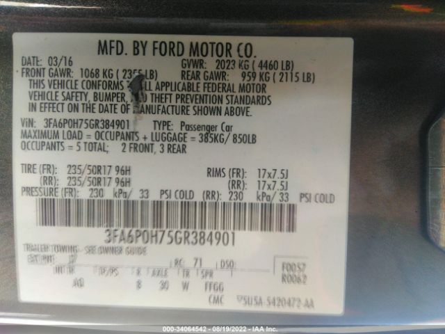 Photo 8 VIN: 3FA6P0H75GR384901 - FORD FUSION 