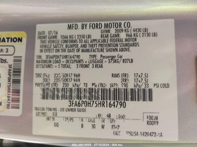 Photo 8 VIN: 3FA6P0H75HR164790 - FORD FUSION 