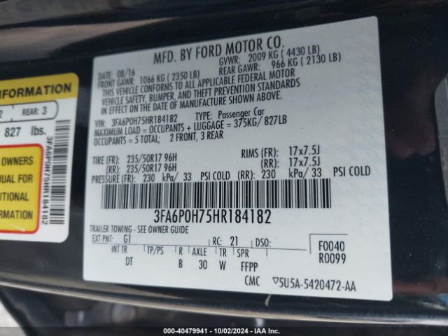 Photo 8 VIN: 3FA6P0H75HR184182 - FORD FUSION 