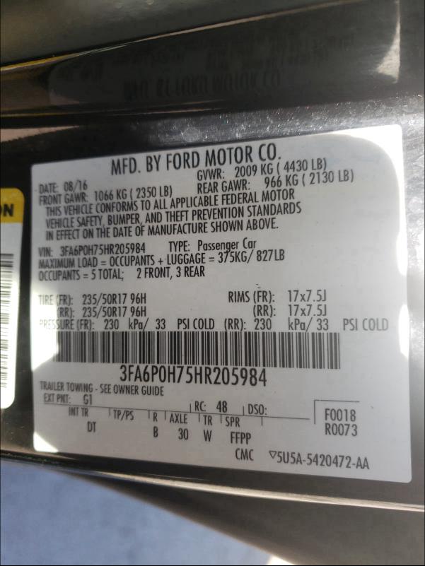 Photo 9 VIN: 3FA6P0H75HR205984 - FORD FUSION 