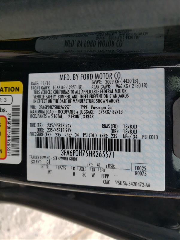 Photo 9 VIN: 3FA6P0H75HR265571 - FORD FUSION SE 