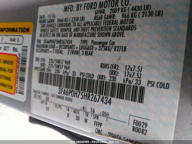 Photo 8 VIN: 3FA6P0H75HR267434 - FORD FUSION 