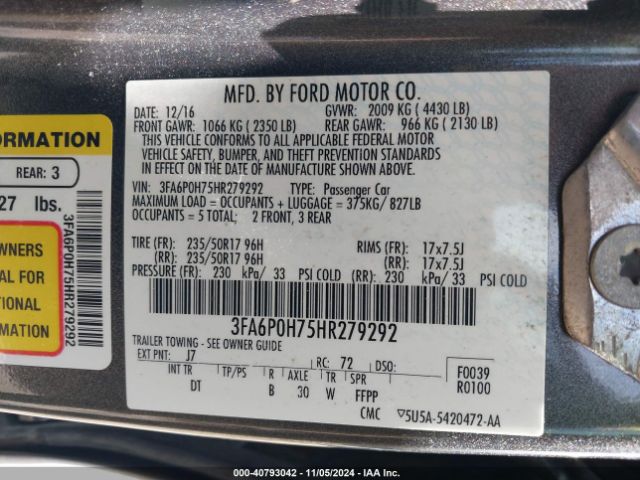 Photo 8 VIN: 3FA6P0H75HR279292 - FORD FUSION 