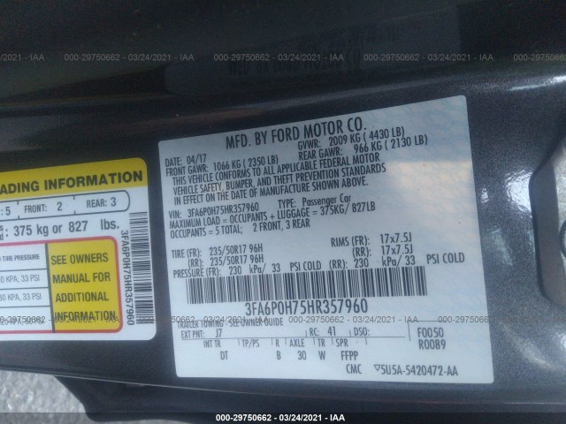 Photo 8 VIN: 3FA6P0H75HR357960 - FORD FUSION 