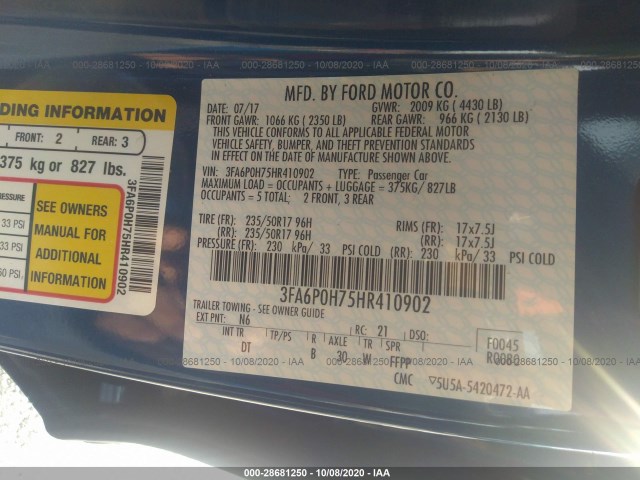 Photo 8 VIN: 3FA6P0H75HR410902 - FORD FUSION 