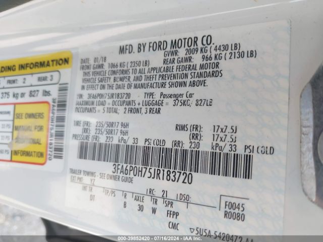 Photo 8 VIN: 3FA6P0H75JR183720 - FORD FUSION 